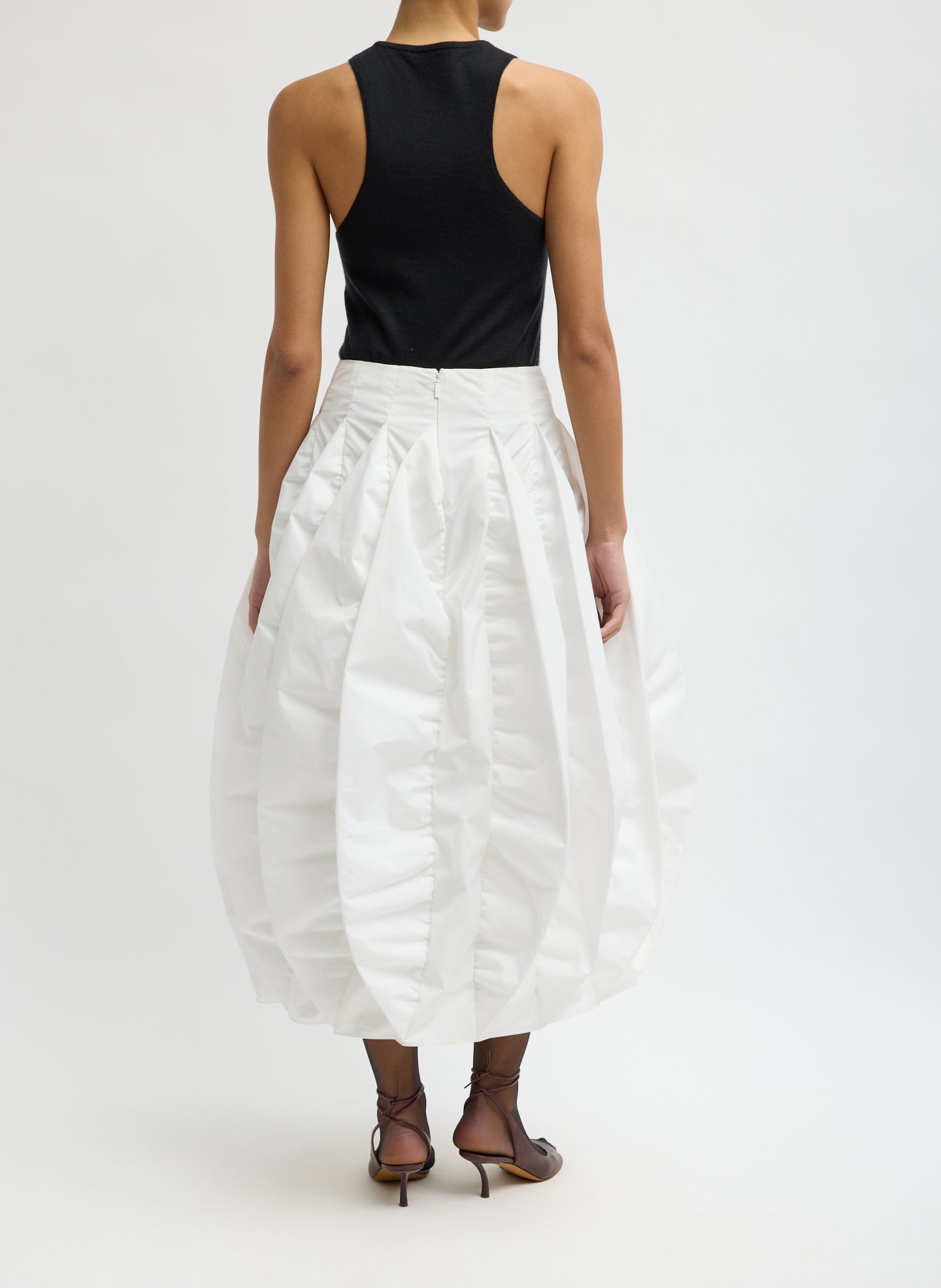 White Recycled Italian Sporty Nylon Skirt - pleated bubble midi skirt, back view on model