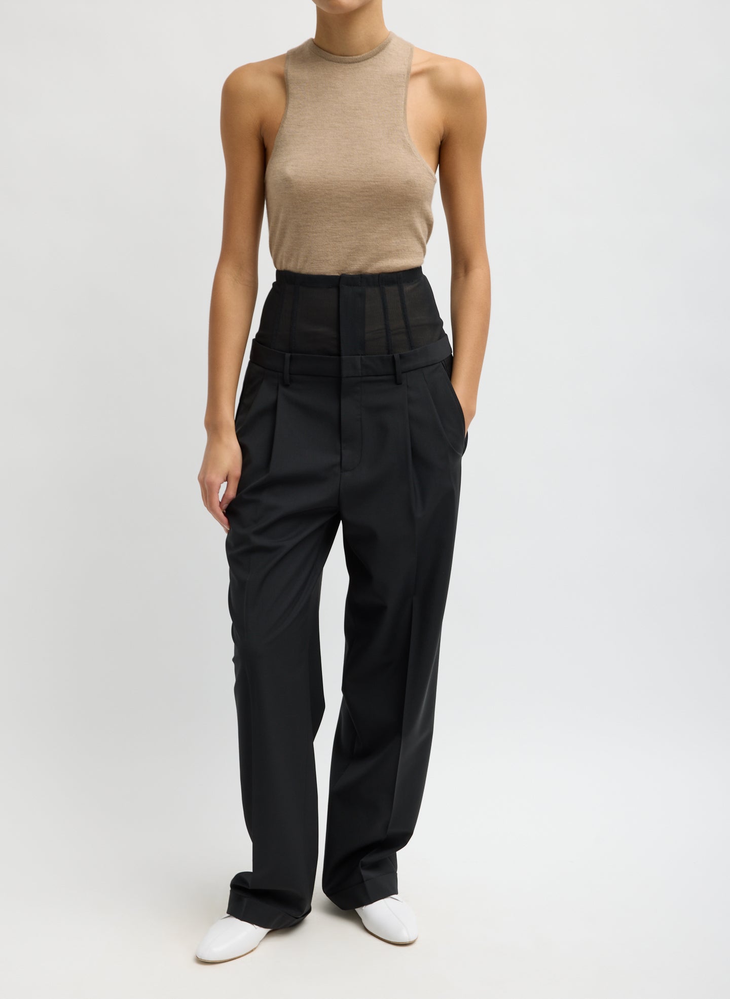 Beige Tissue Cashmere Tank - full look, front view on model