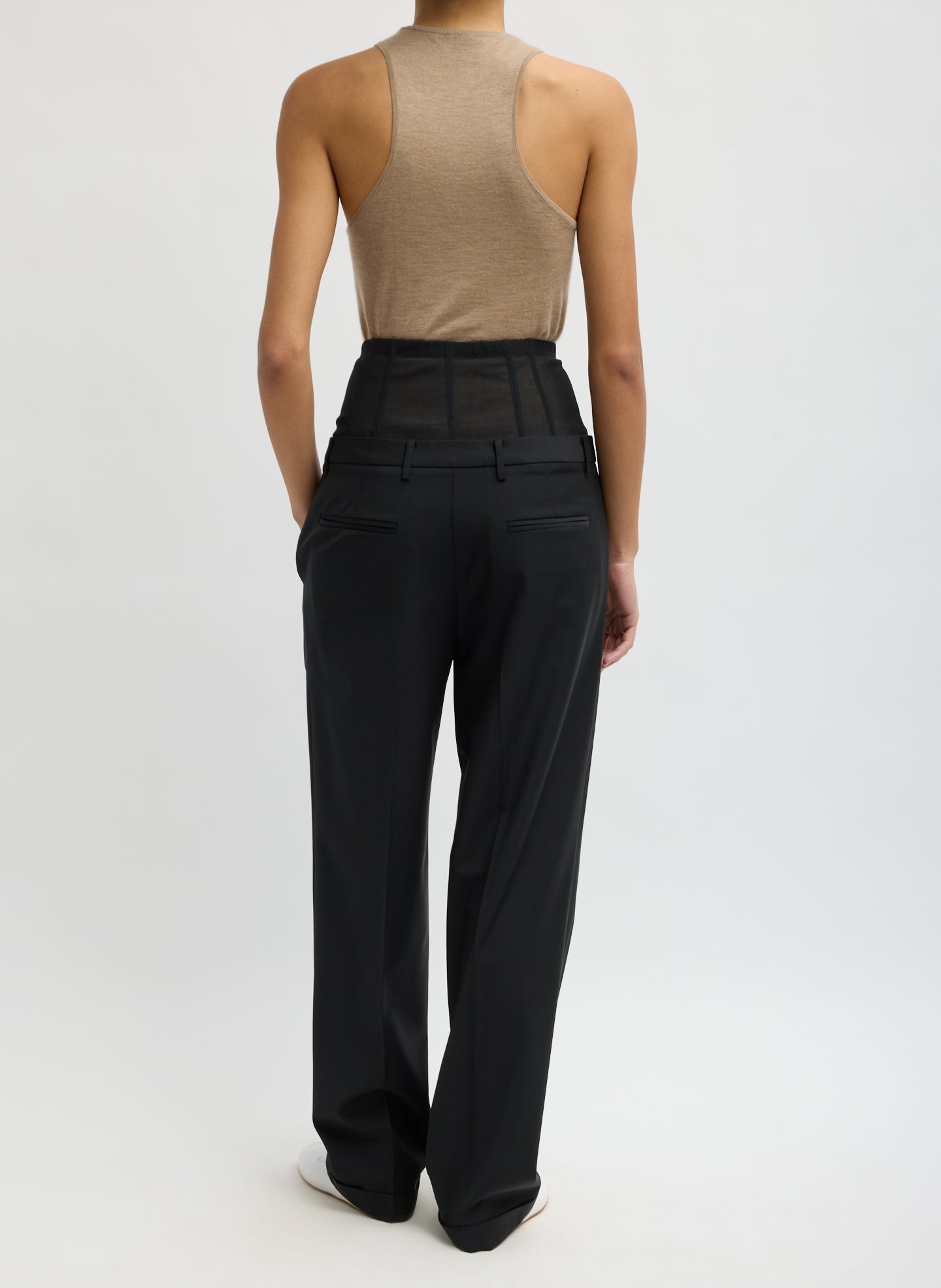 Black Recycled Tropical Wool Corset Trouser - high waisted trousers, back view on model