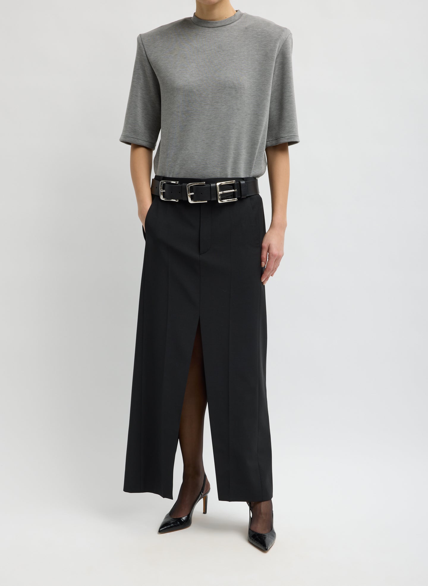 Black Recycled Tropical Wool Double Slit Maxi Skirt - maxi trouser skirt with front slit, front view on model