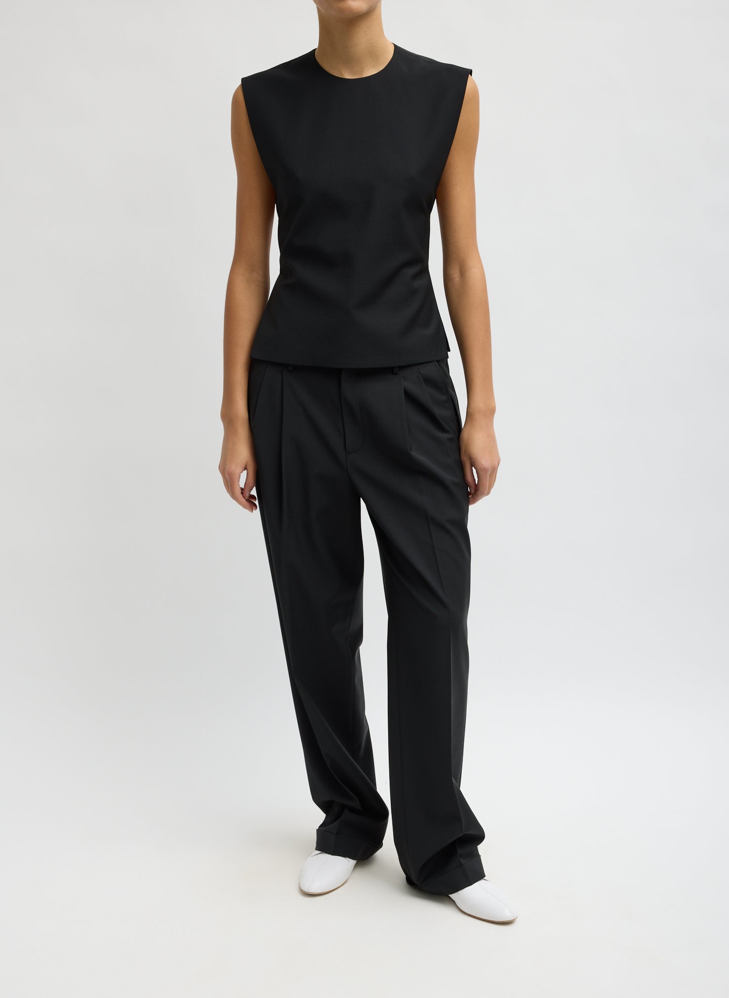 Black Recycled Tropical Wool Bib Top - full look, front view on model