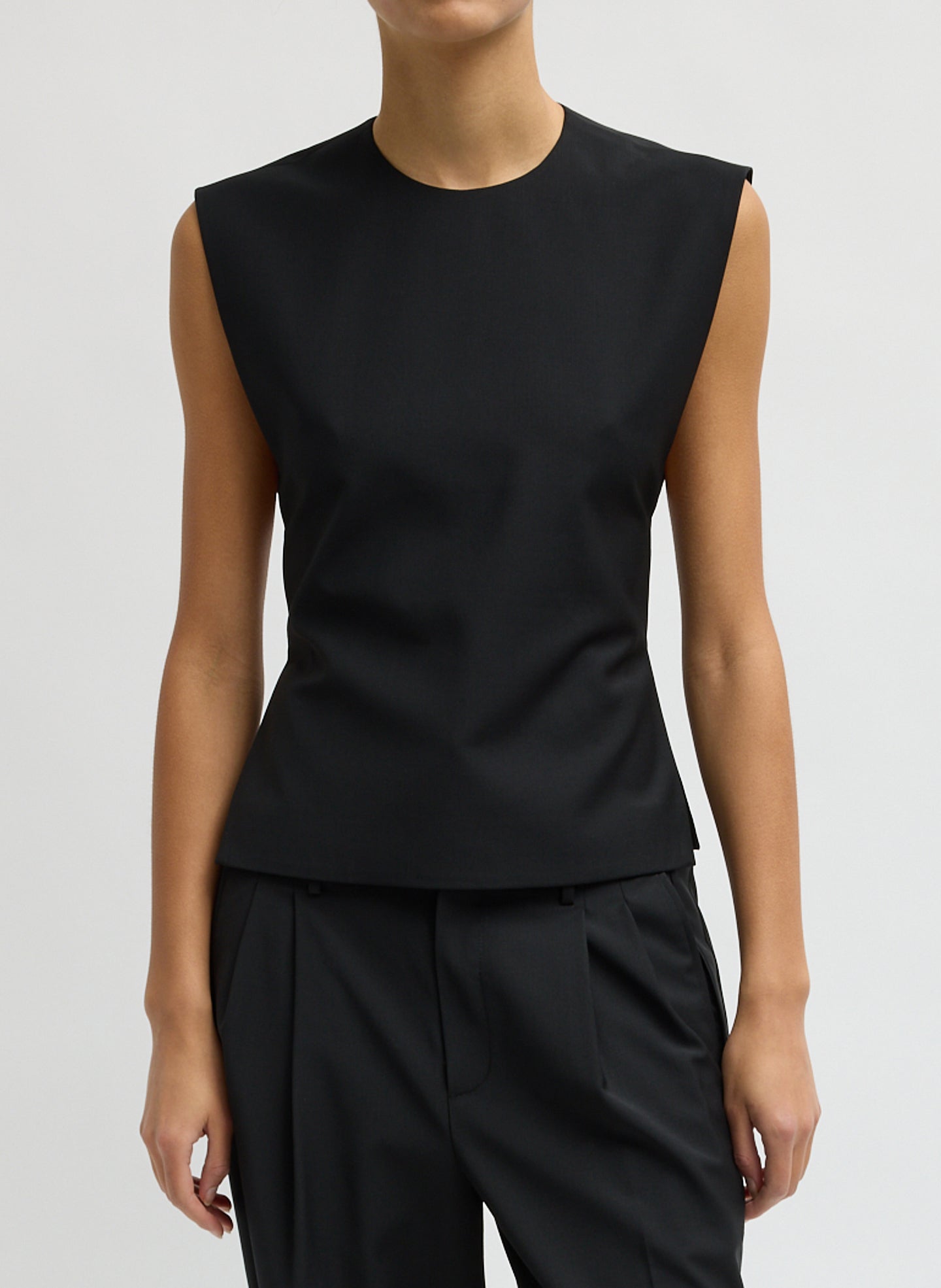 Black Recycled Tropical Wool Bib Top - sleeveless top, front view on model
