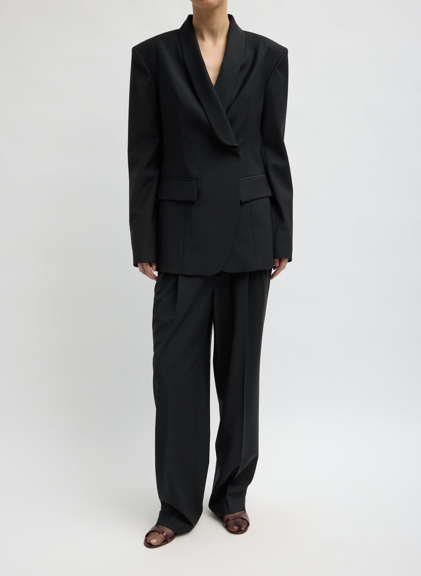 Black Recycled Tropical Wool Tuxedo Zip Blazer -full look, front view on model