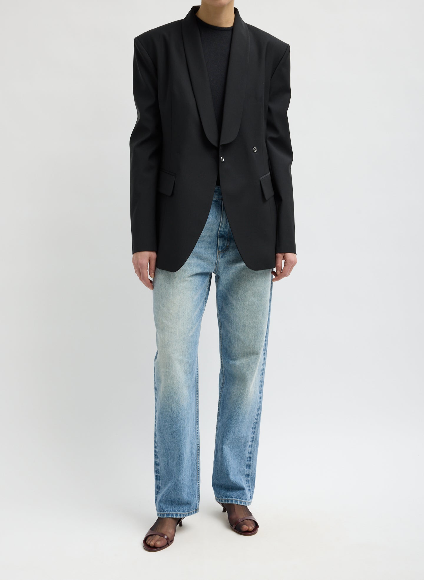 Black Recycled Tropical Wool Tuxedo Zip Blazer - front view on model