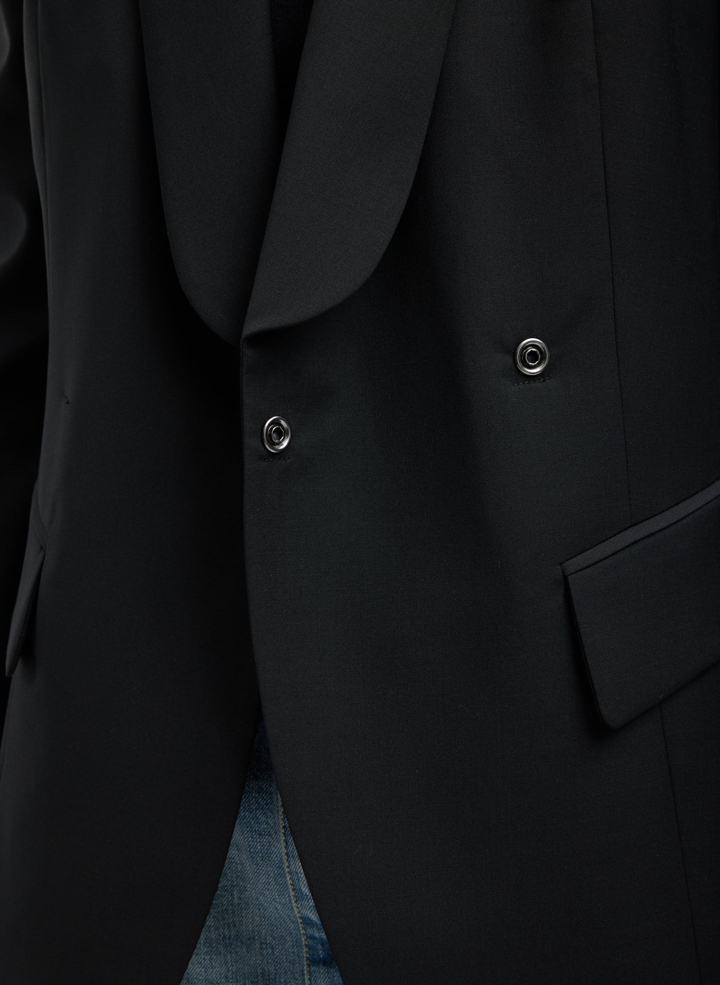 Black Recycled Tropical Wool Tuxedo Zip Blazer - closeup of front snap details