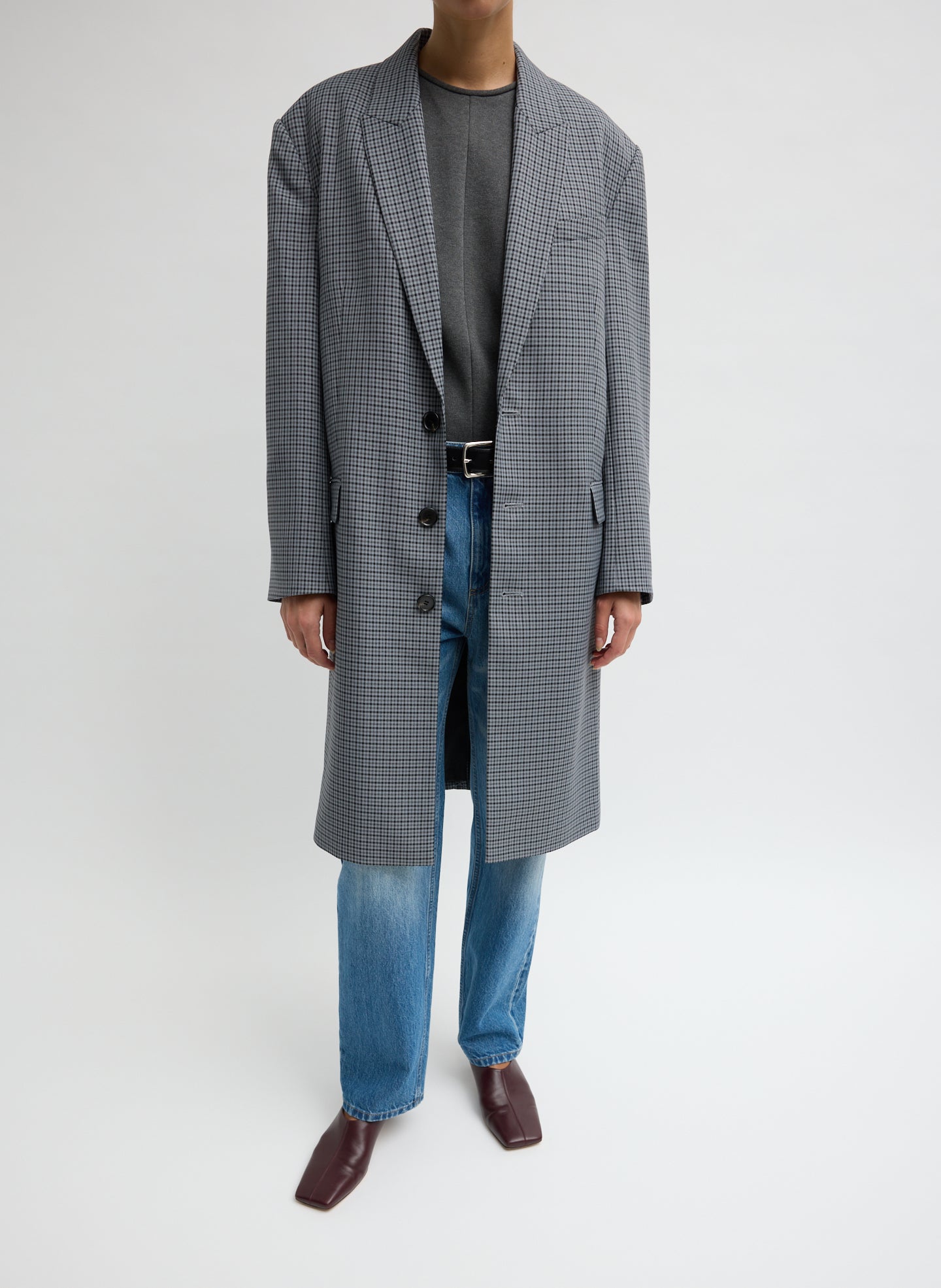 Grey Menswear Tech Twill Tailored Men's Midi Coat - front view on model