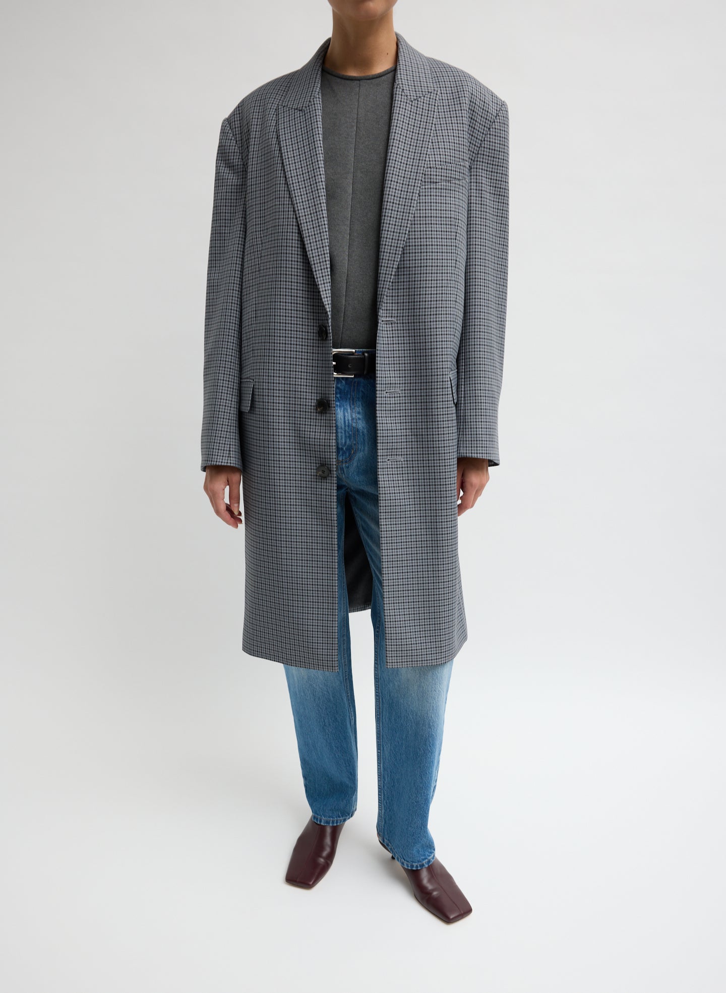 Grey Menswear Tech Twill Tailored Men's Midi Coat - front view on model