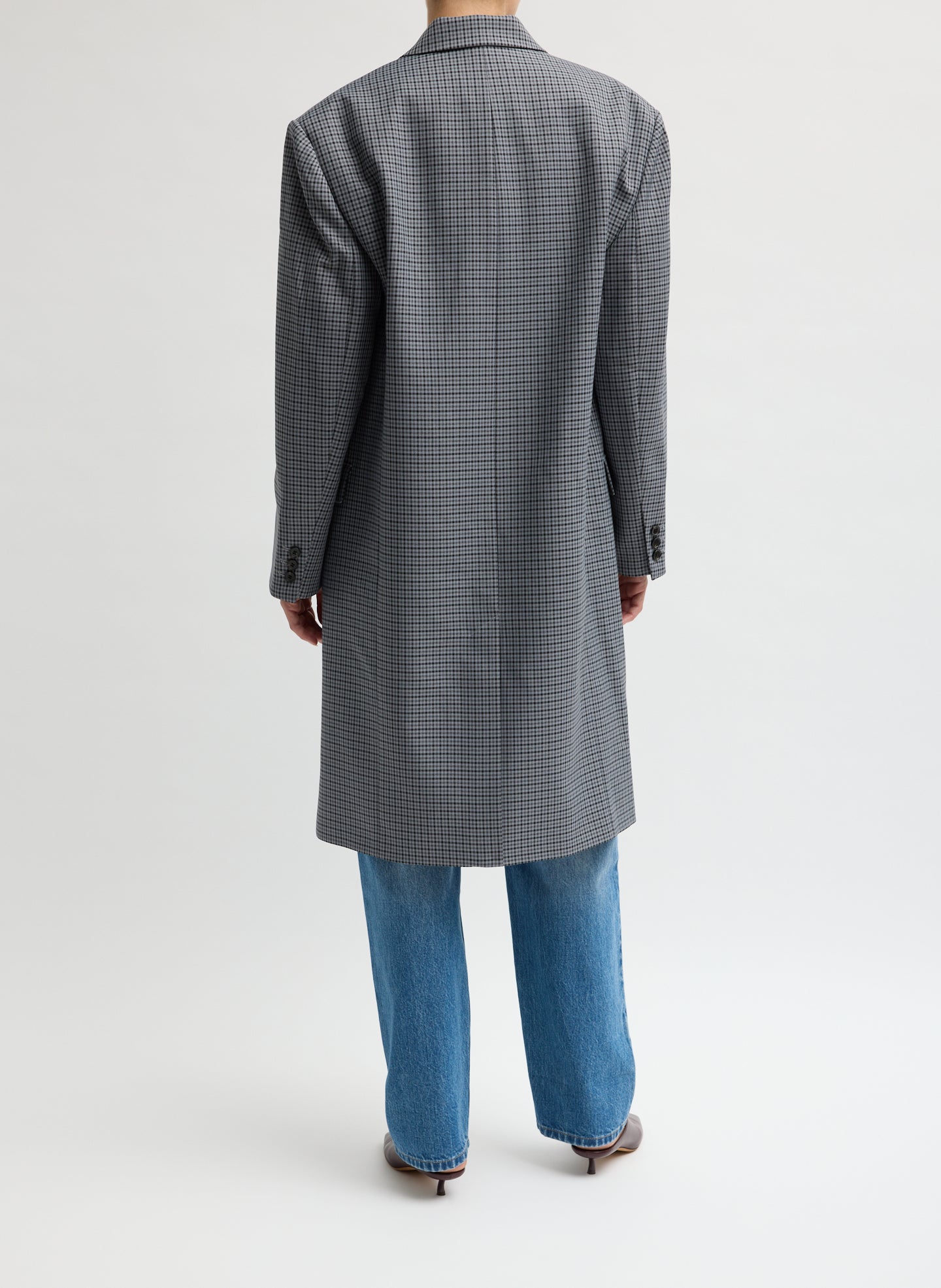 Grey Menswear Tech Twill Tailored Men's Midi Coat - back view on model