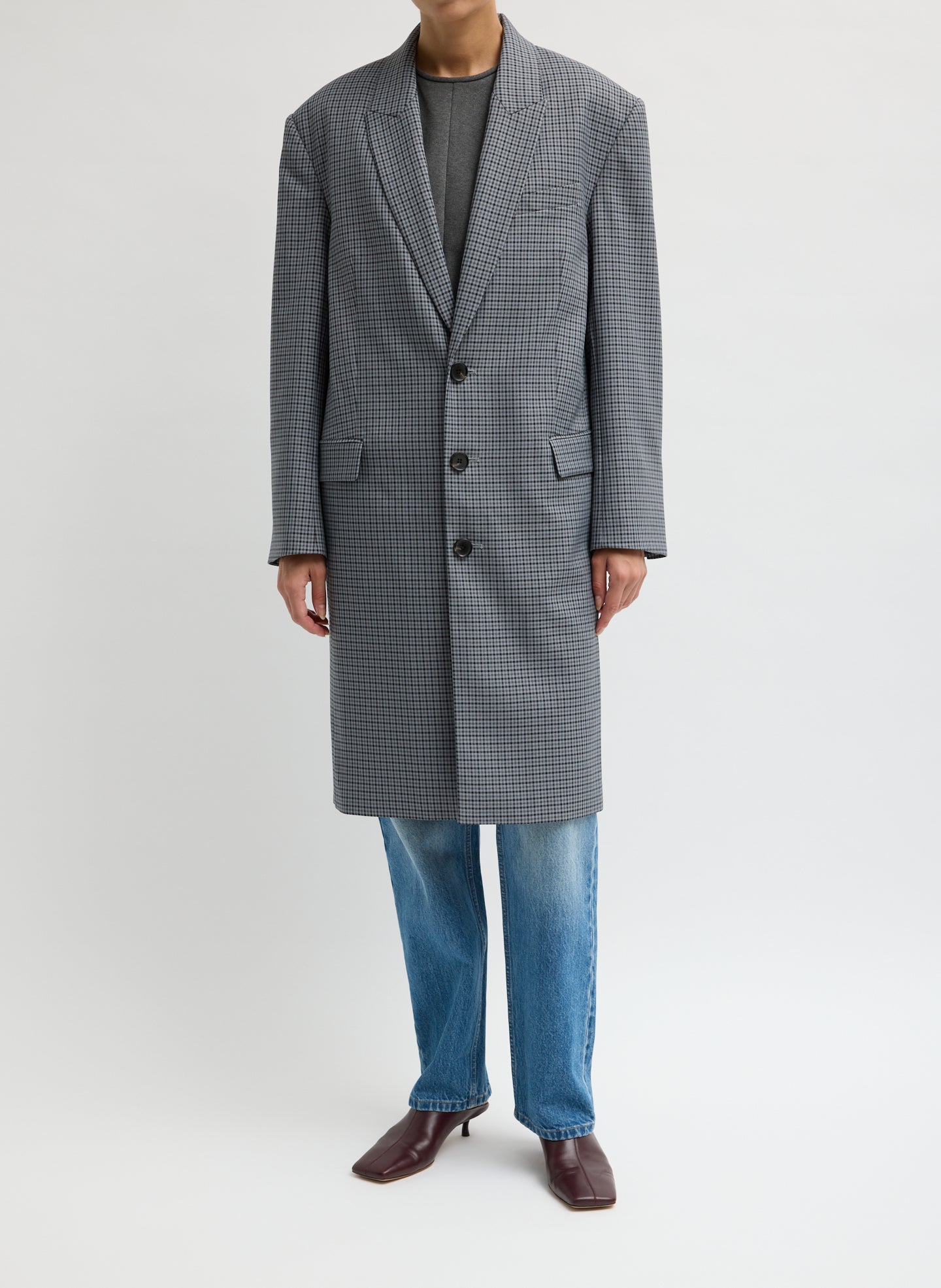 Grey Menswear Tech Twill Tailored Men's Midi Coat - front view on model