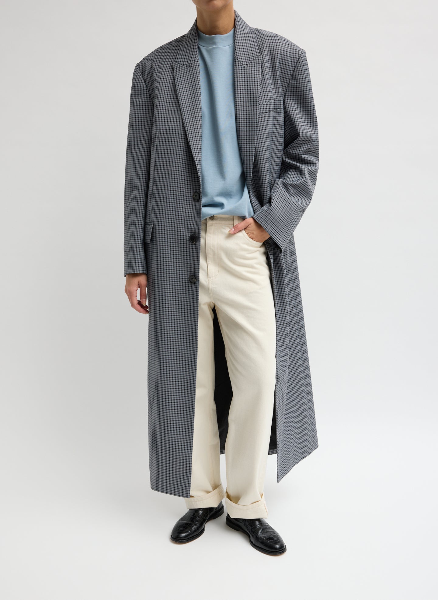 Grey Menswear Tech Twill Tailored Men's Maxi Coat - front view on model