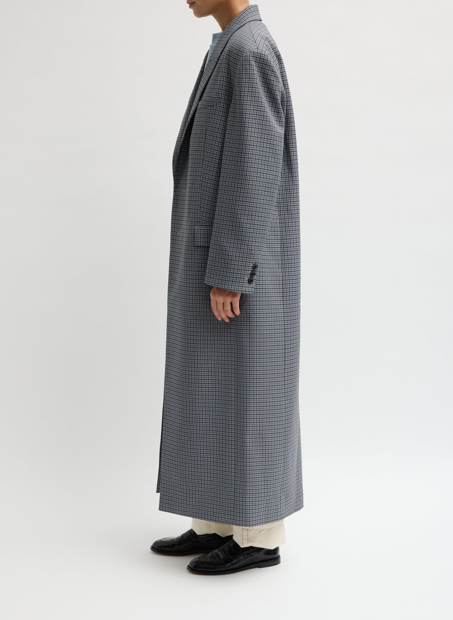 Grey Menswear Tech Twill Tailored Men's Maxi Coat - side view on model