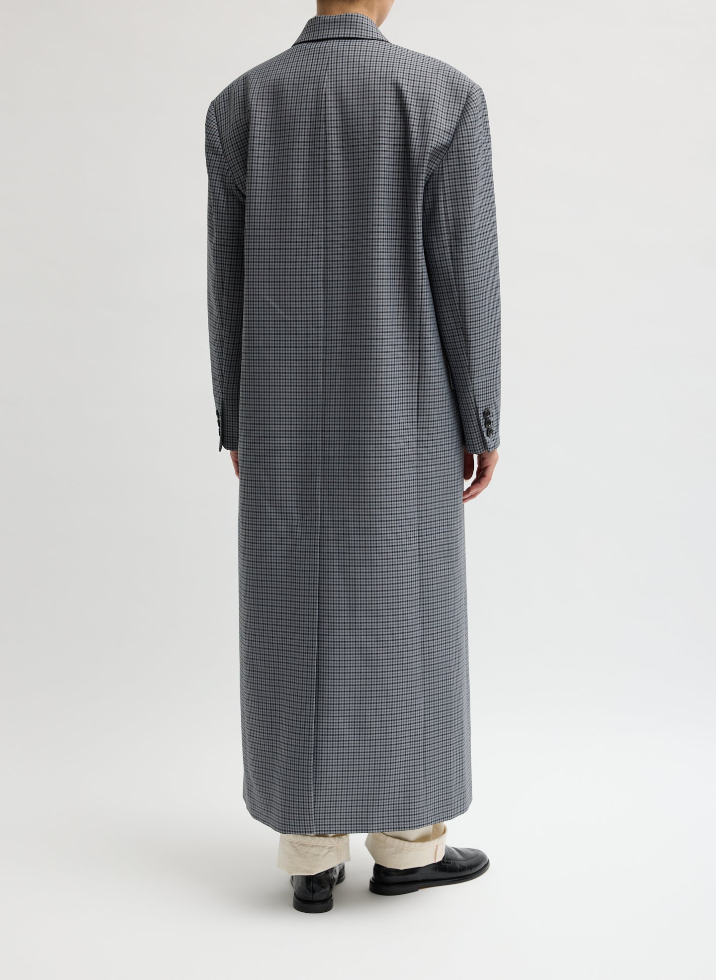 Grey Menswear Tech Twill Tailored Men's Maxi Coat - back view on model