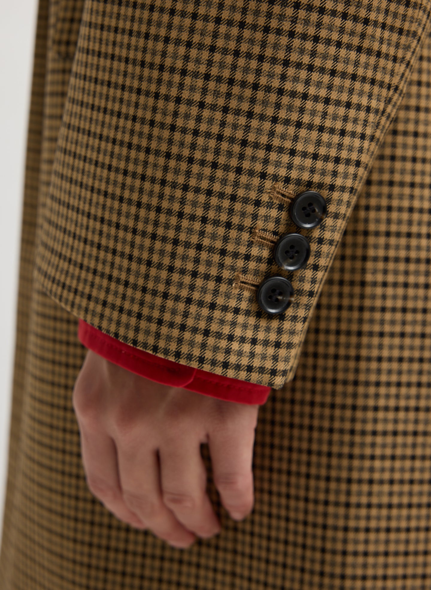 Cedar Multi Menswear Tech Twill Tailored Men's Midi Coat - closeup of button details at sleeve