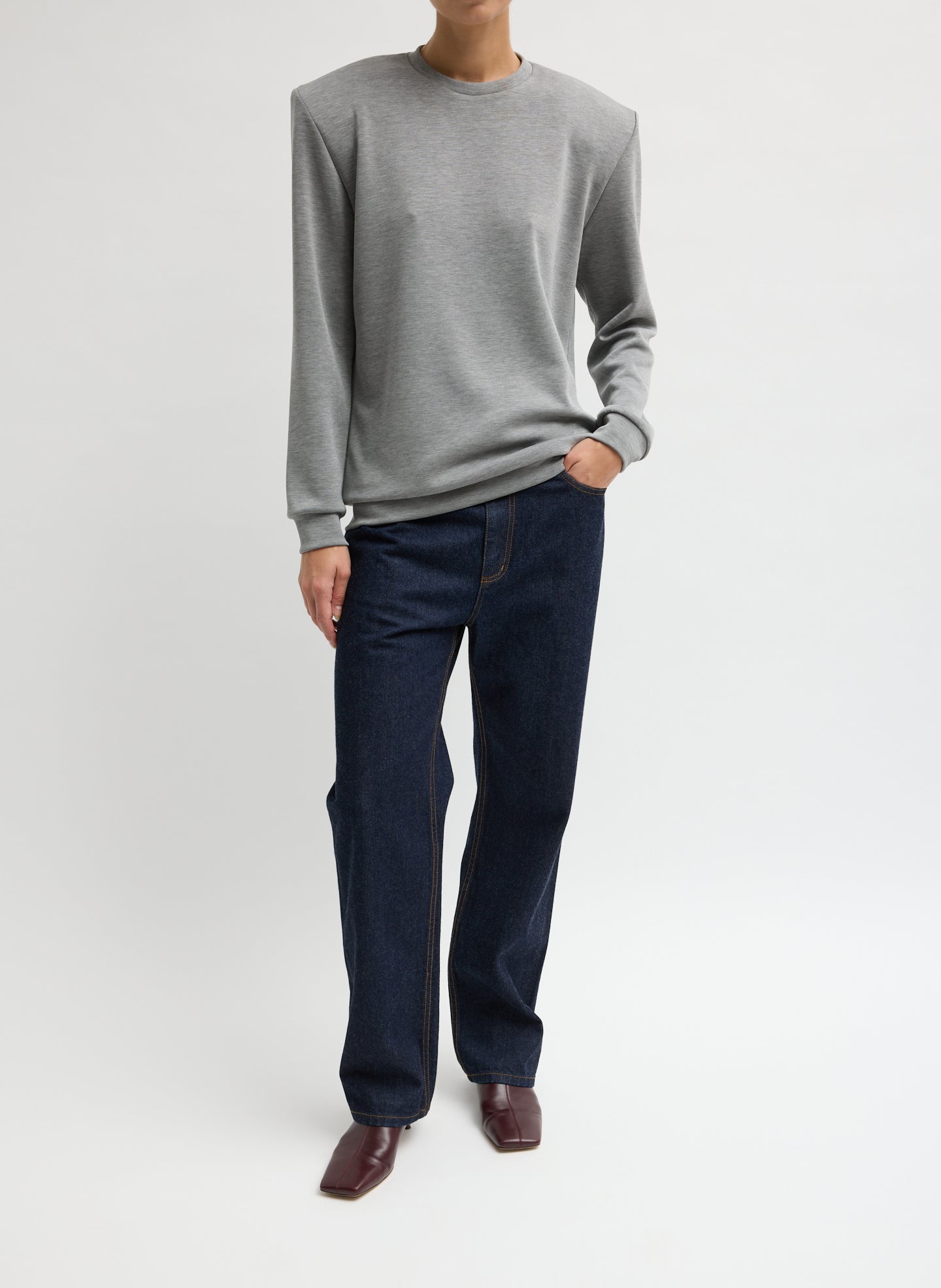 Grey Feather Weight Viscose Removable Shoulder Pad Long Sleeve T-Shirt - full look, front view on model
