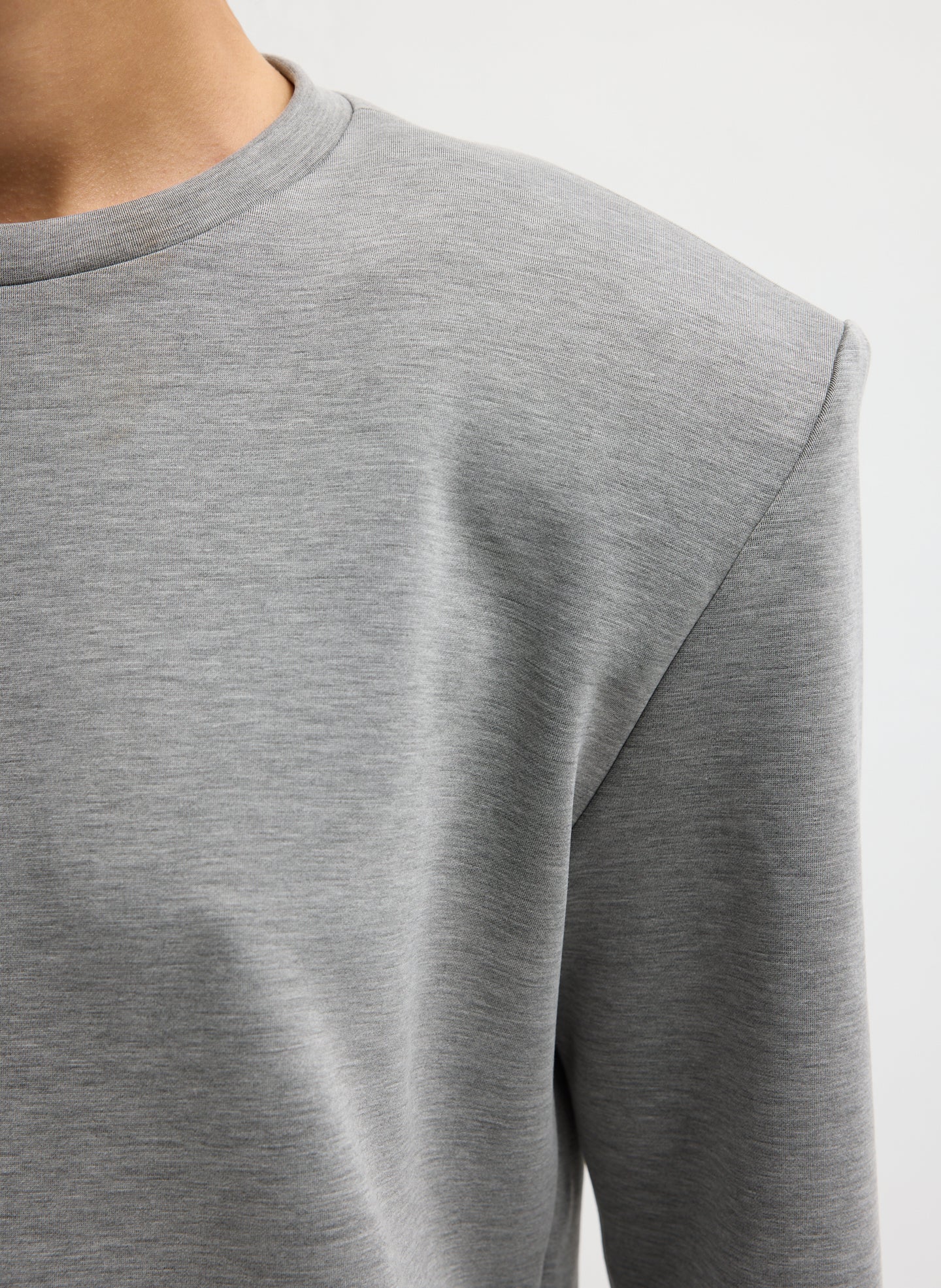 Grey Feather Weight Viscose Removable Shoulder Pad Long Sleeve T-Shirt - closeup of shoulder detail