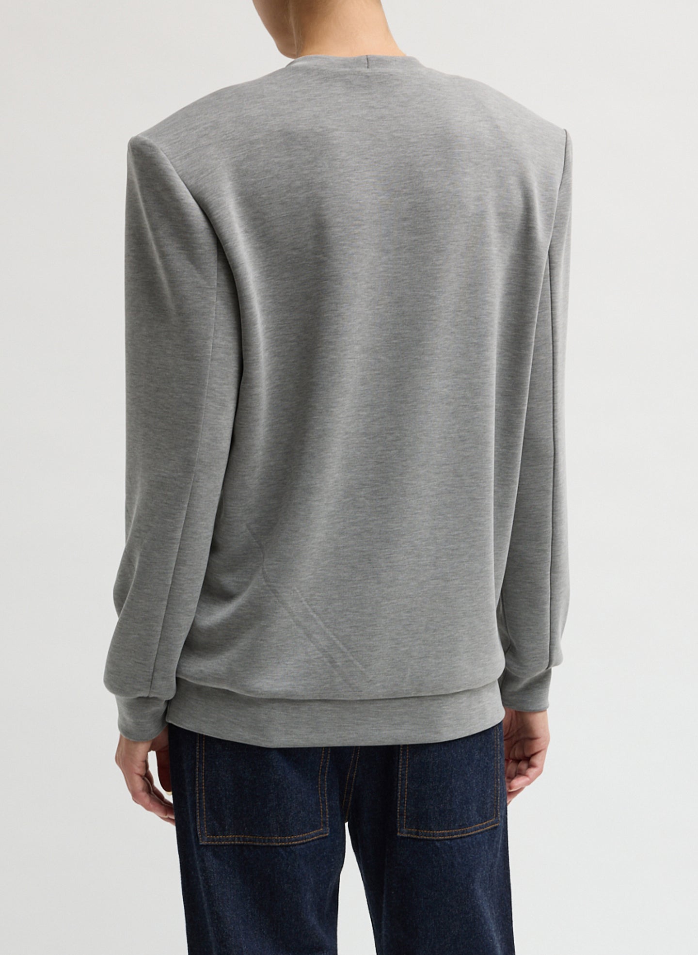 Grey Feather Weight Viscose Removable Shoulder Pad Long Sleeve T-Shirt - back view on model
