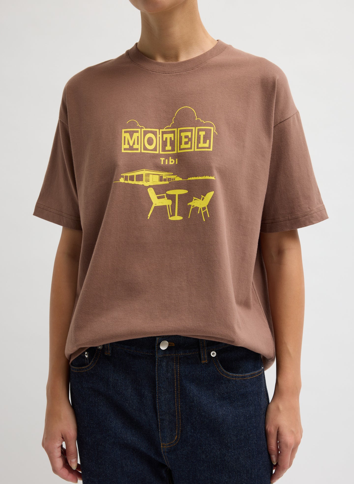 Tibi Creative Lab Motel T-Shirt- front view of model, close up