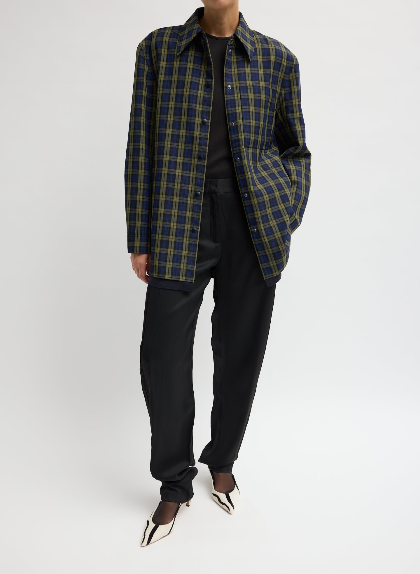 Techy Plaid Easy Shirt Jacket - Blue Multi Techy Plaid Easy Shirt Jacket - front view on model