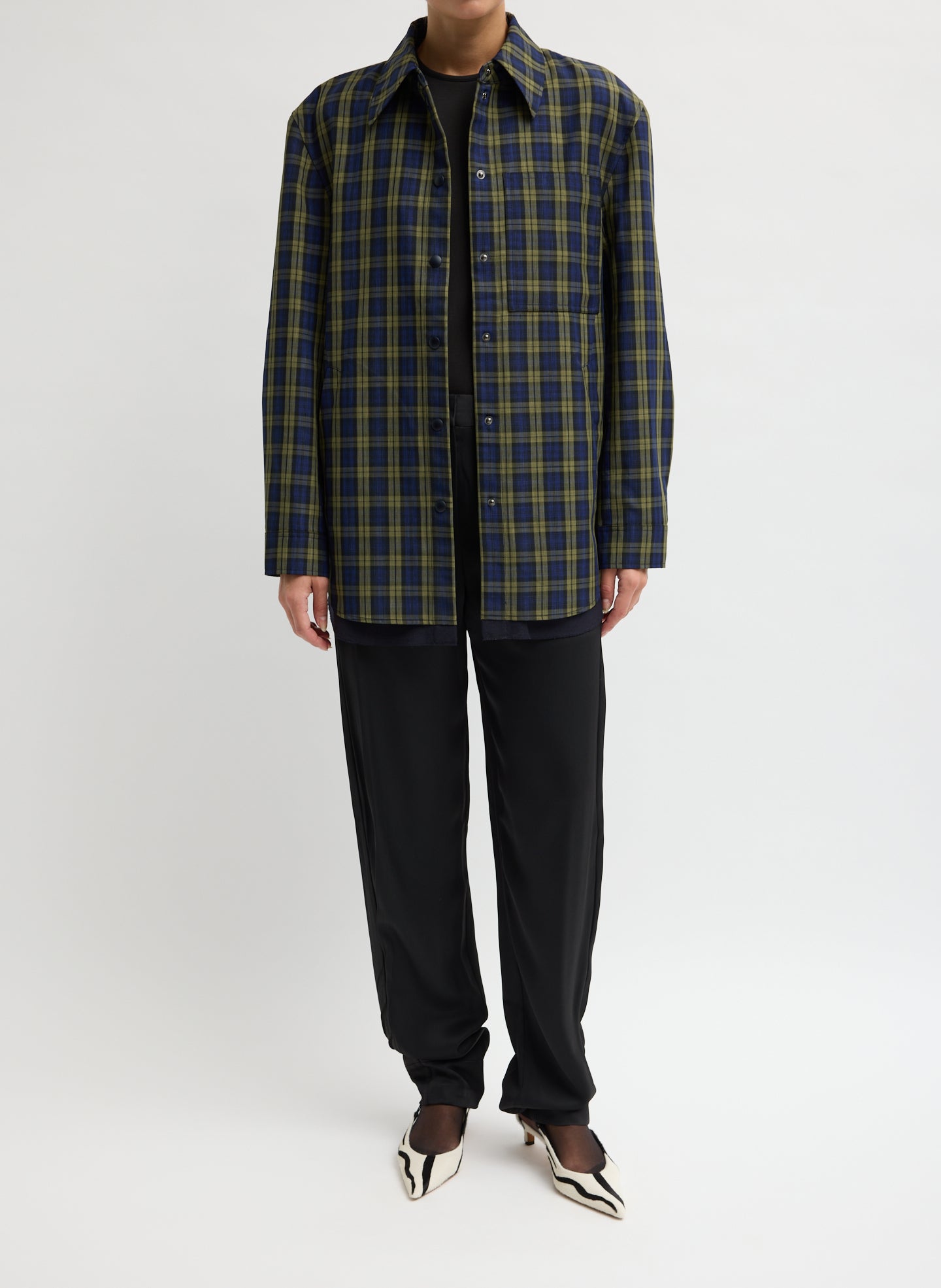 Blue Multi Techy Plaid Easy Shirt Jacket - front view on model