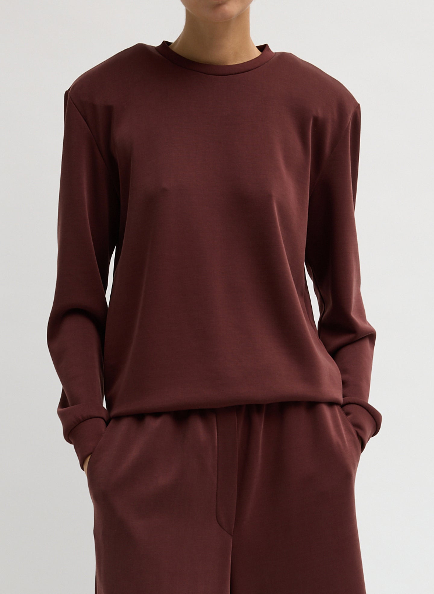 Bordeaux Feather Weight Viscose Removable Shoulder Pad Long Sleeve T-Shirt - front view on model
