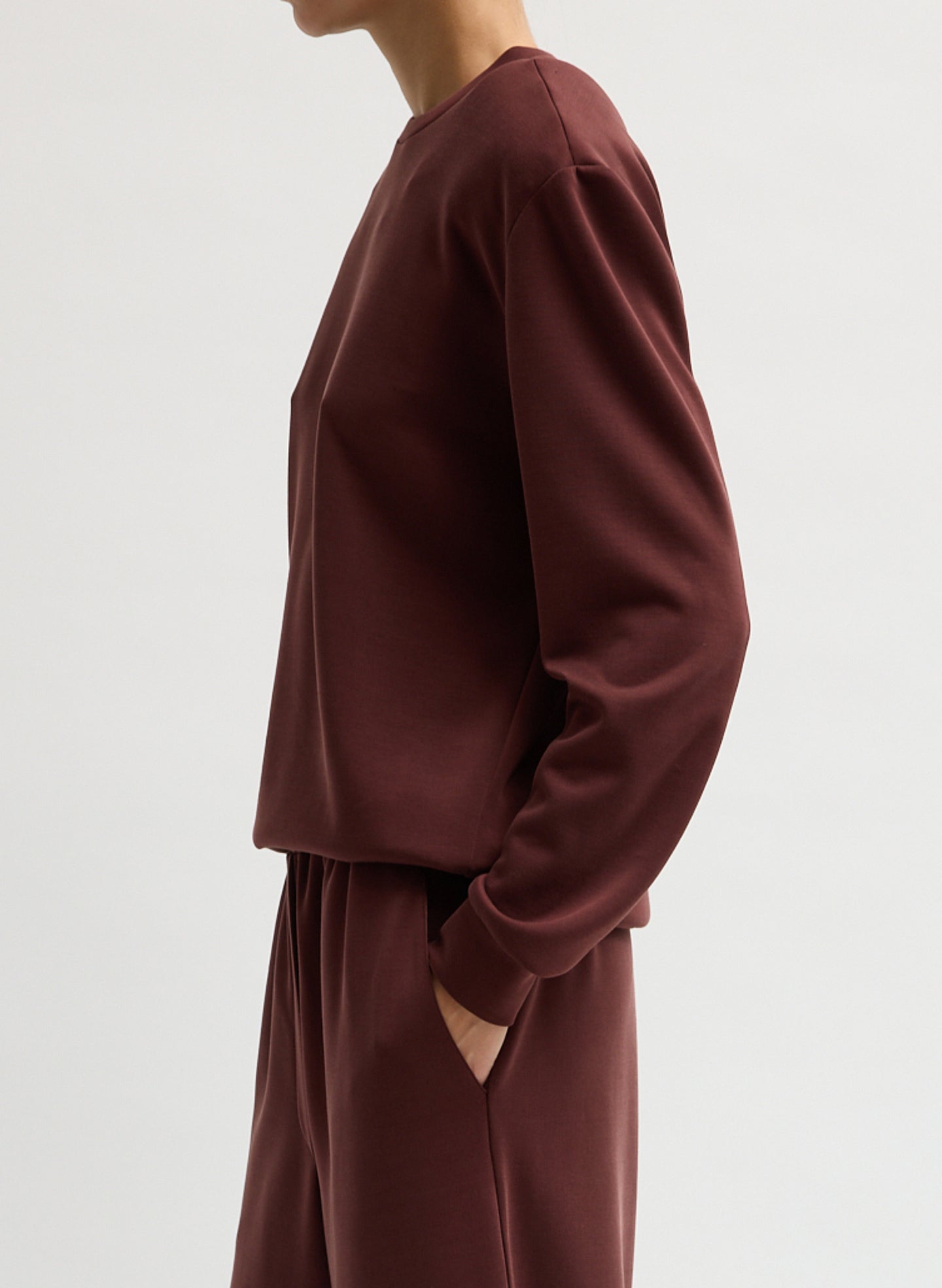 Bordeaux Feather Weight Viscose Removable Shoulder Pad Long Sleeve T-Shirt - side view on model