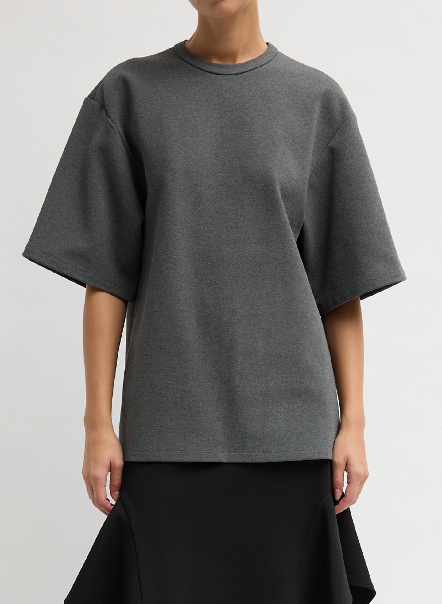 Luxe Crepe Knit Easy Tunic Top - Charcoal Grey Luxe Crepe Knit Easy Tunic Top - front view on model