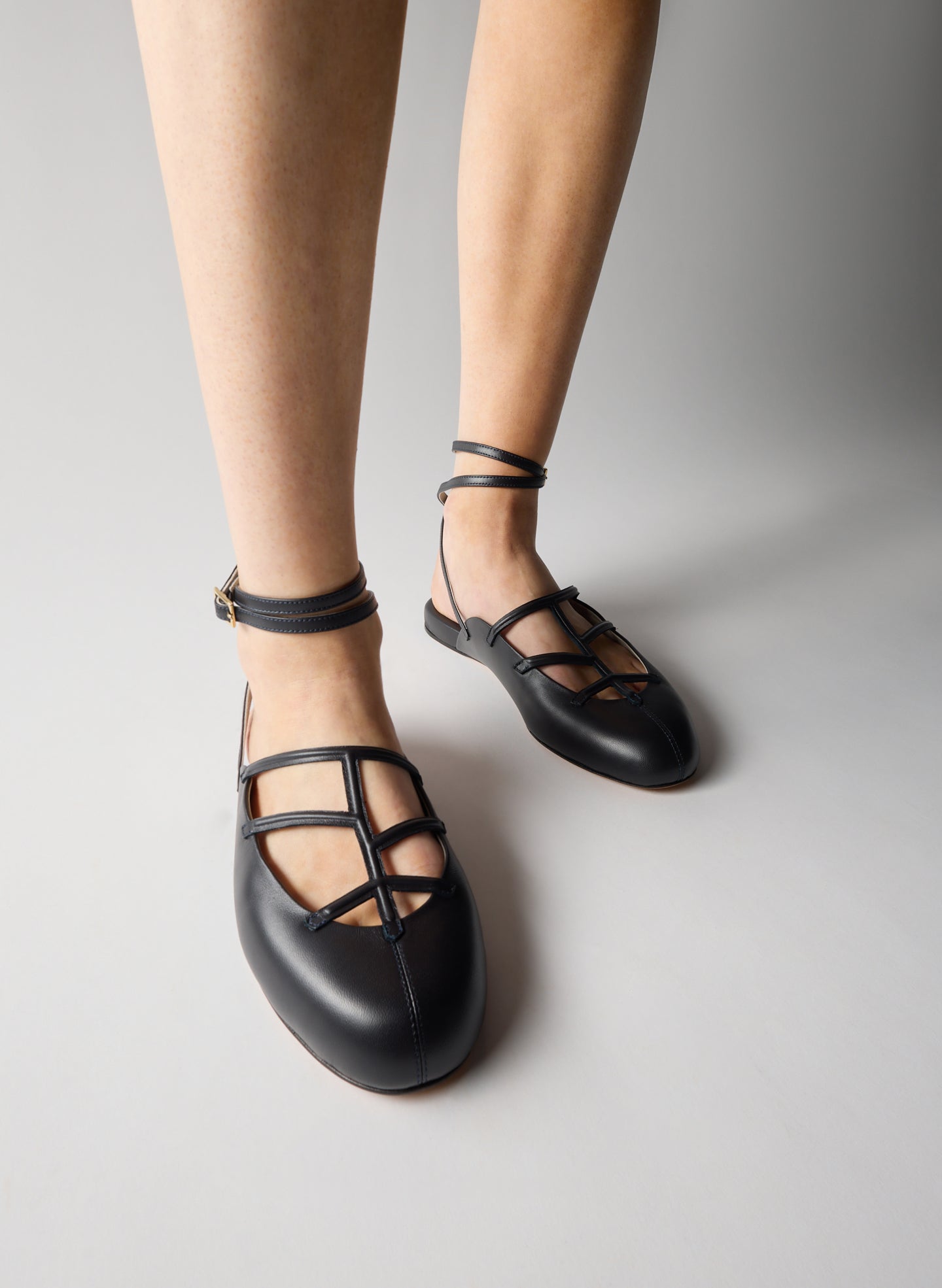 Dark Navy Jean-Claude Flat - caged ballet flat on model