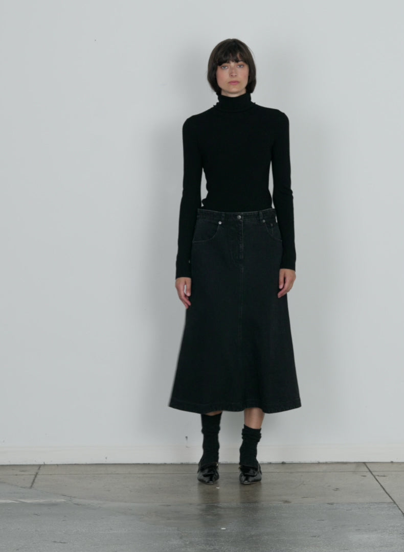 Black Denim Midi A Line Skirt Tibi Official