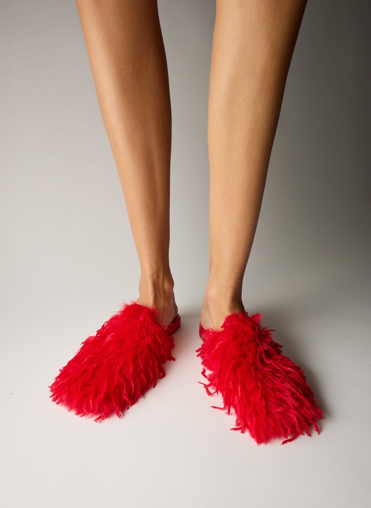 Red Faux Feather Granger Slide - feathered slides on model 
