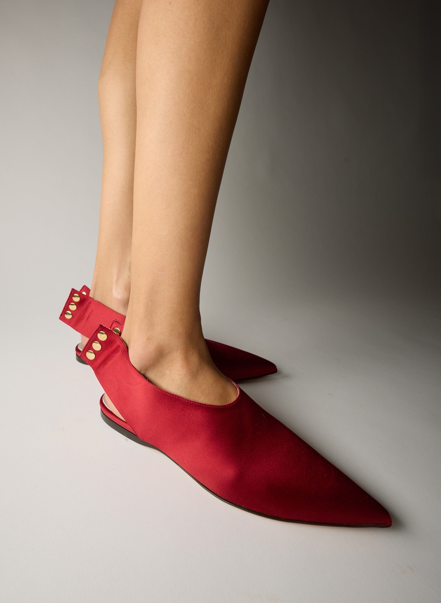 Red Norbert Satin Flat - pointed toe satin shoe on model 