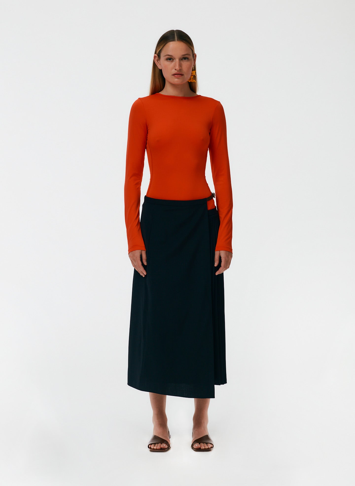 Tropical Wool Pleated Leather Wrap Skirt