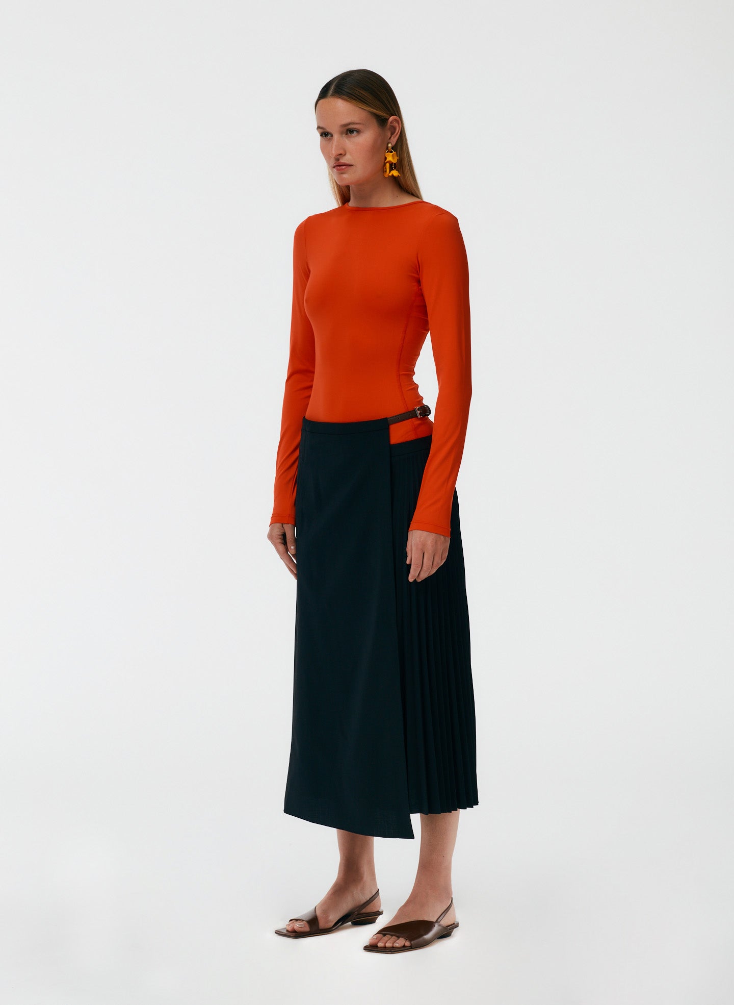 Tropical Wool Pleated Leather Wrap Skirt
