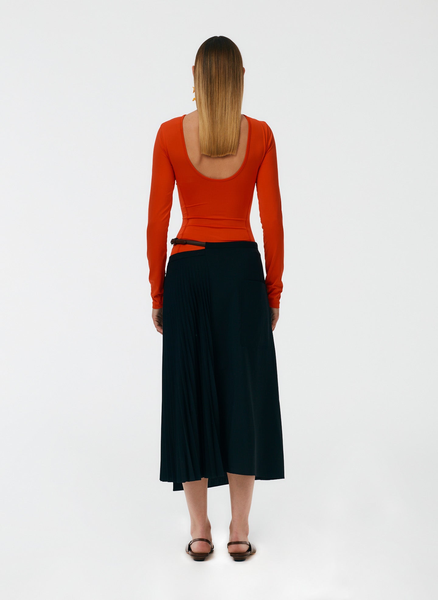 Tropical Wool Pleated Leather Wrap Skirt