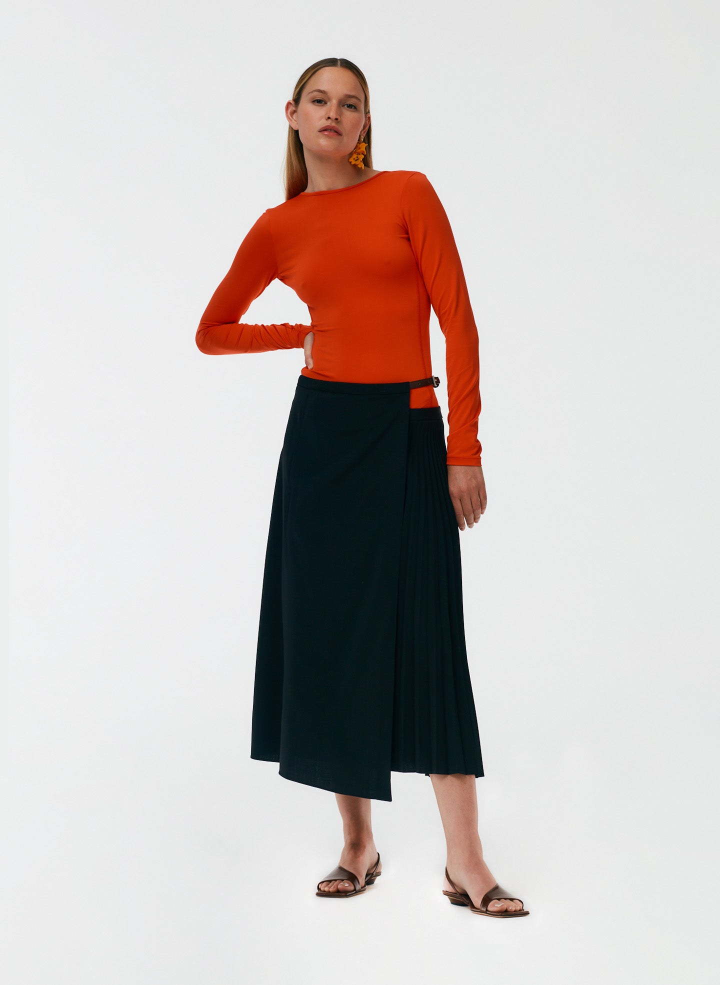 Tropical Wool Pleated Leather Wrap Skirt