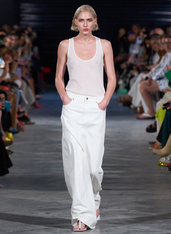 White Denim Godet Maxi Skirt - White-3