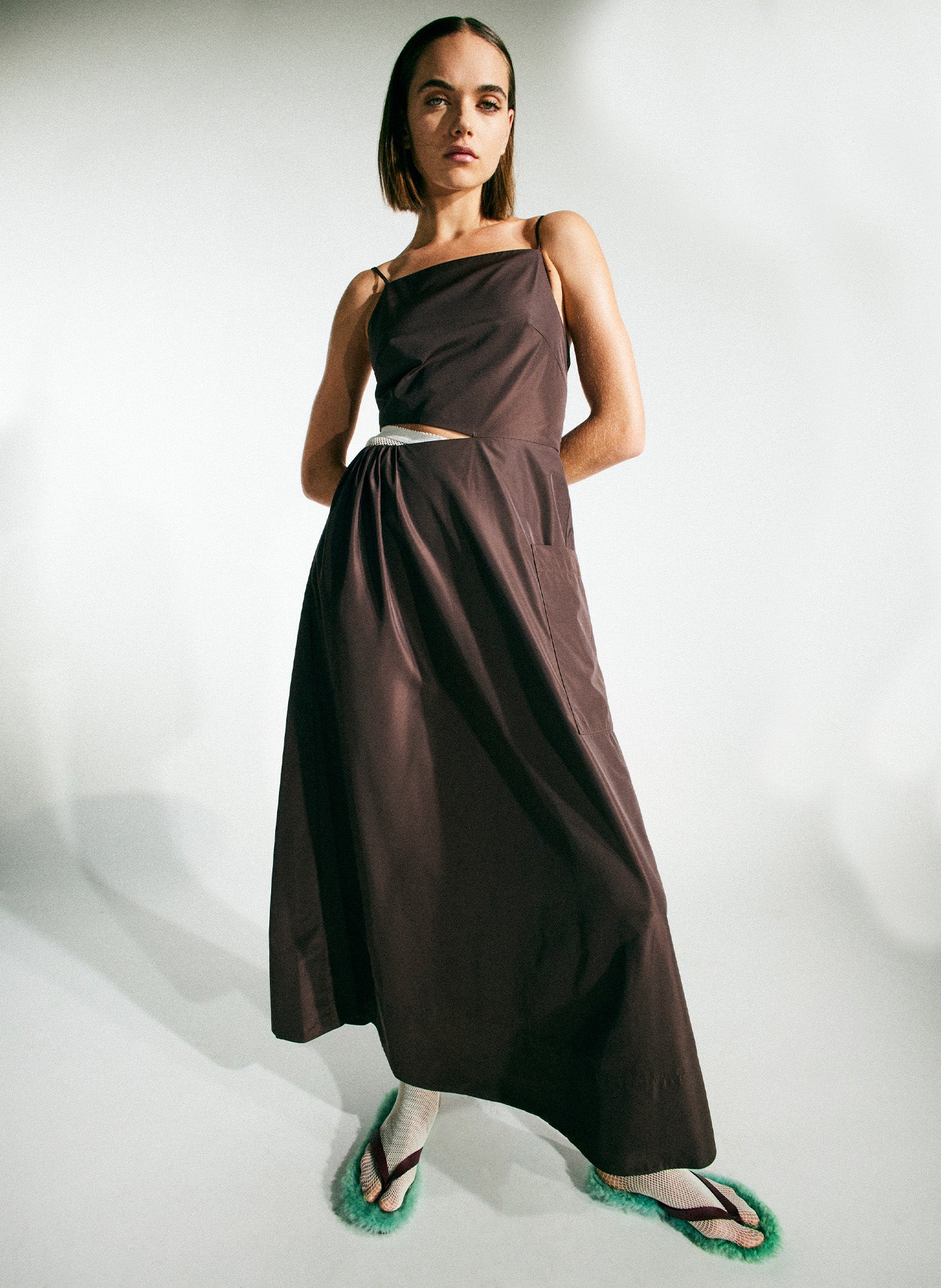 Dark Brown / 00 / U123TT1577 Italian Sporty Nylon Strappy Cut Out Dress Dark Brown / 00 / U123TT1577 Italian Sporty Nylon Strappy Cut Out Dress