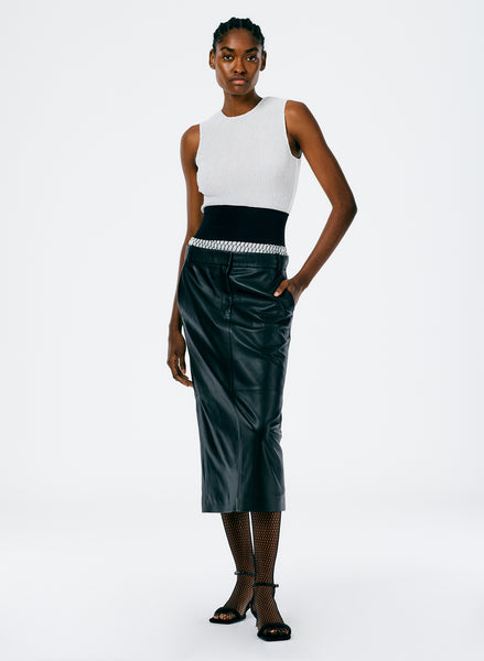 【Anyone more】Mibe Leather Tiered Skirt Pants MINOAR.COM | Layered Asymmetric Skirt Pants