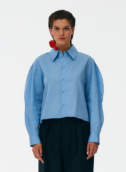 Miles Shirting Scallop Sleeve Cropped Boyfriend Shirt Chambray Blue-1