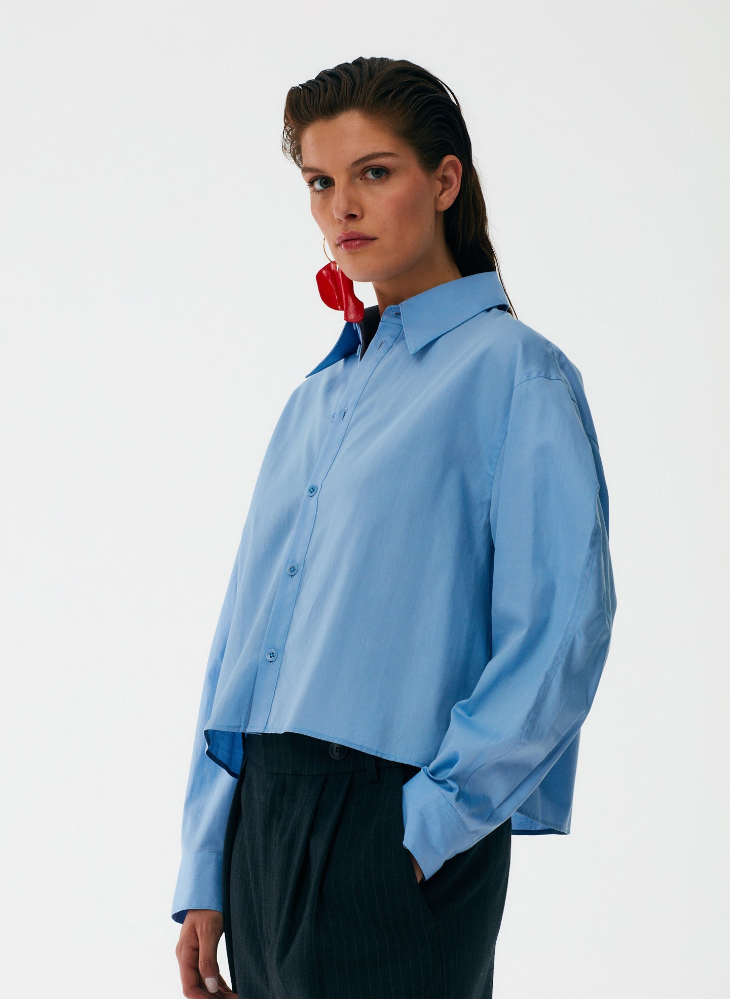 Miles Shirting Scallop Sleeve Cropped Boyfriend Shirt – Tibi Official