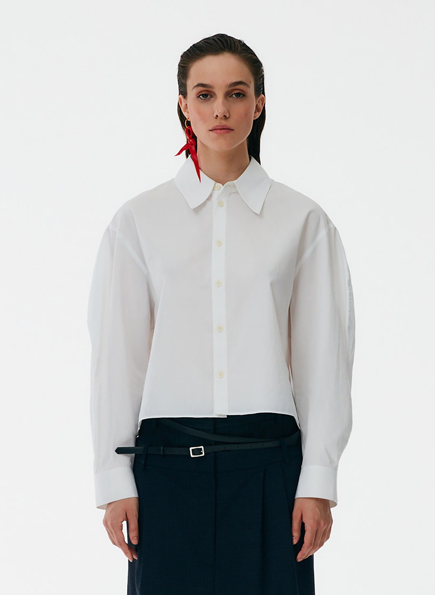 Miles Shirting Scallop Sleeve Cropped Boyfriend Shirt - White-1