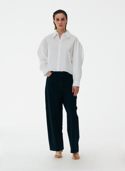 Miles Shirting Scallop Sleeve Cropped Boyfriend Shirt White-7