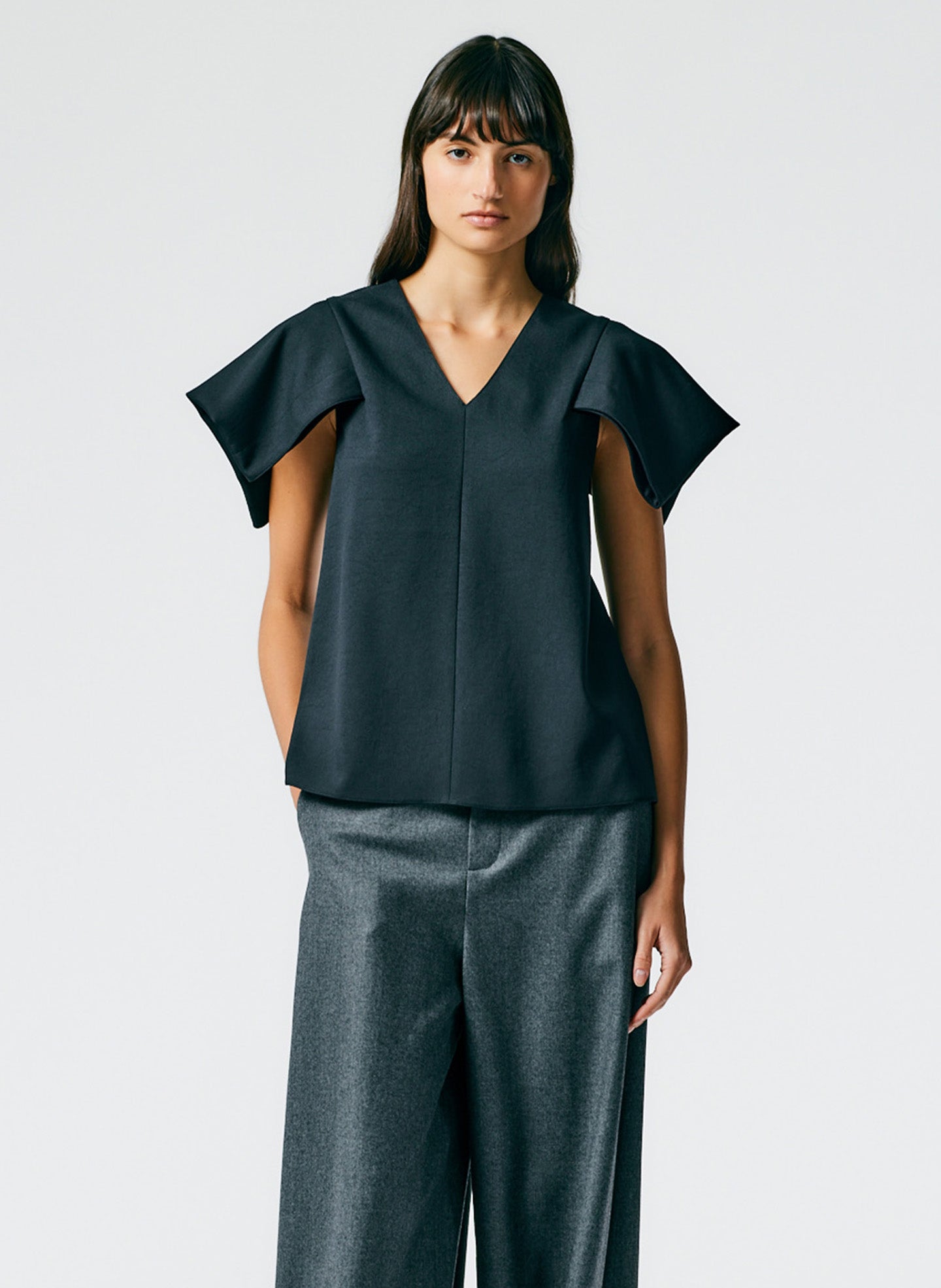 Chalky Drape V-Neck Top With Folded Sleeve - Black-04
