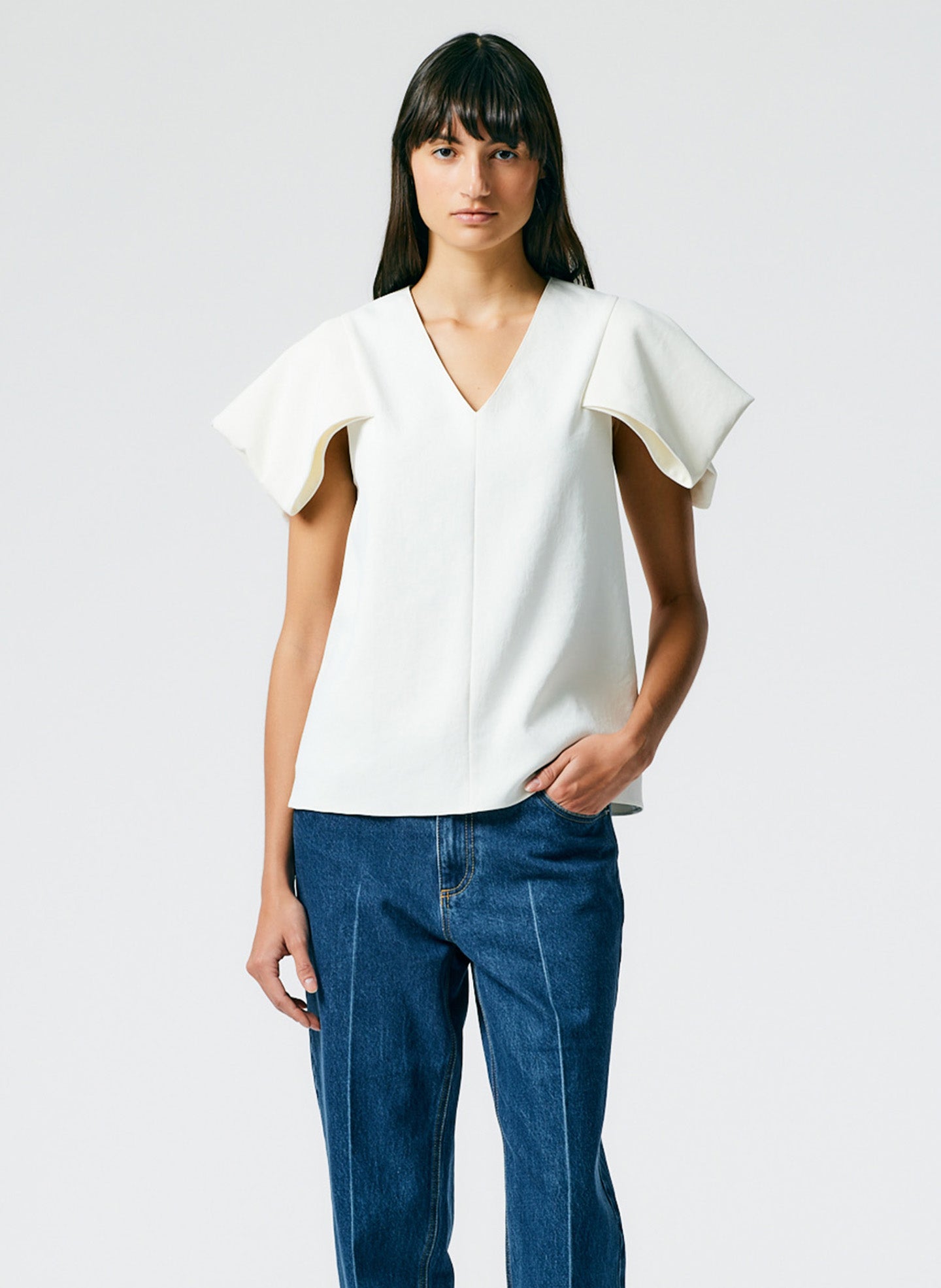 Chalky Drape V-Neck Top With Folded Sleeve - White-04