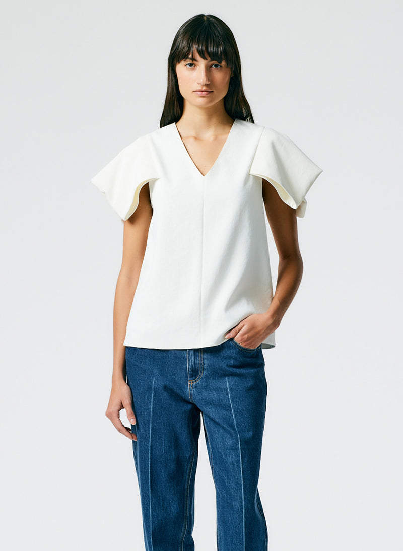 Chalky Drape V-Neck Top With Folded Sleeve White-04