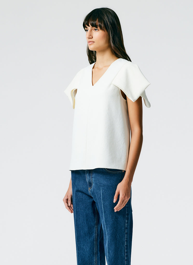 Chalky Drape V-Neck Top With Folded Sleeve White-02