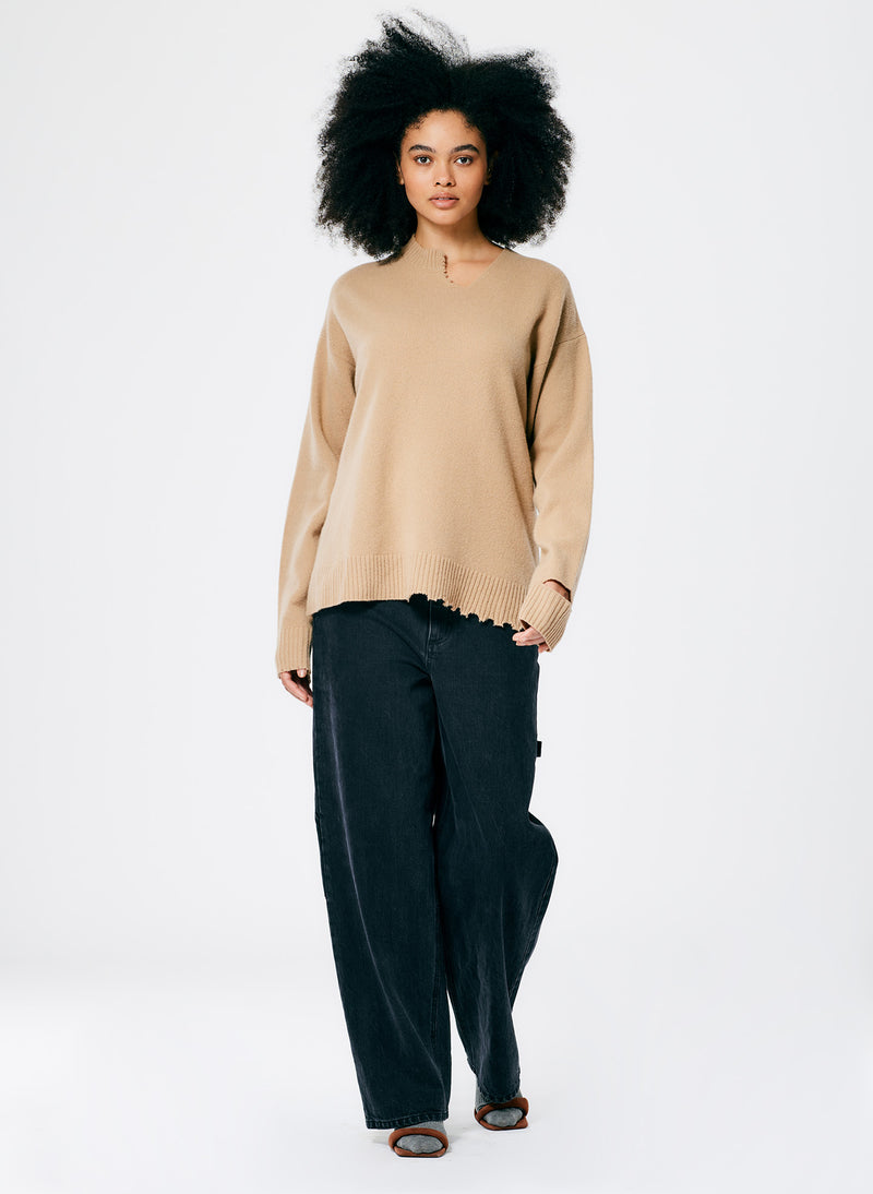 Soft Lambswool Cutout Neckband Pullover Sand-5