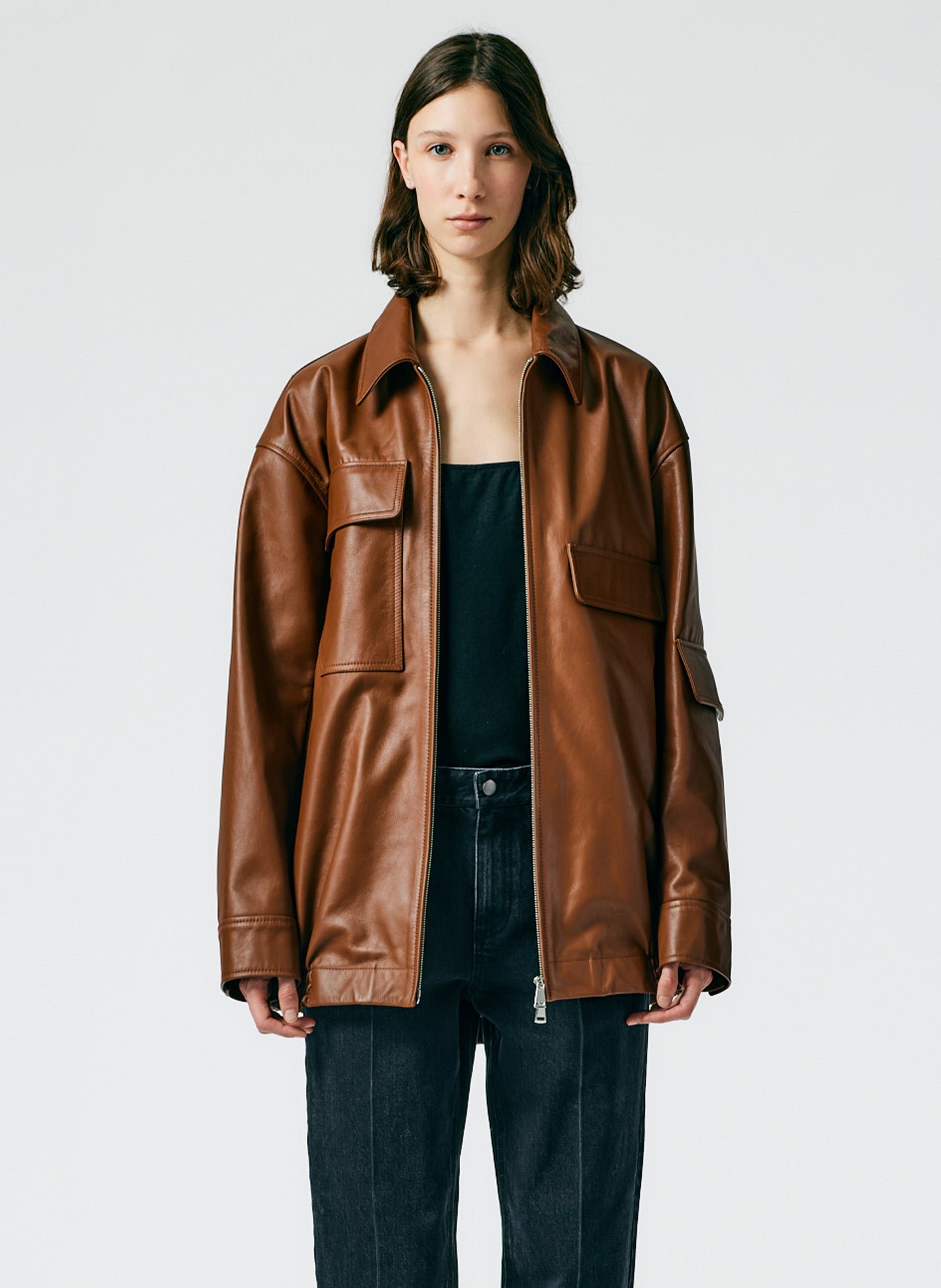 Aviator Leather Oversized Bomber - Sienna-01