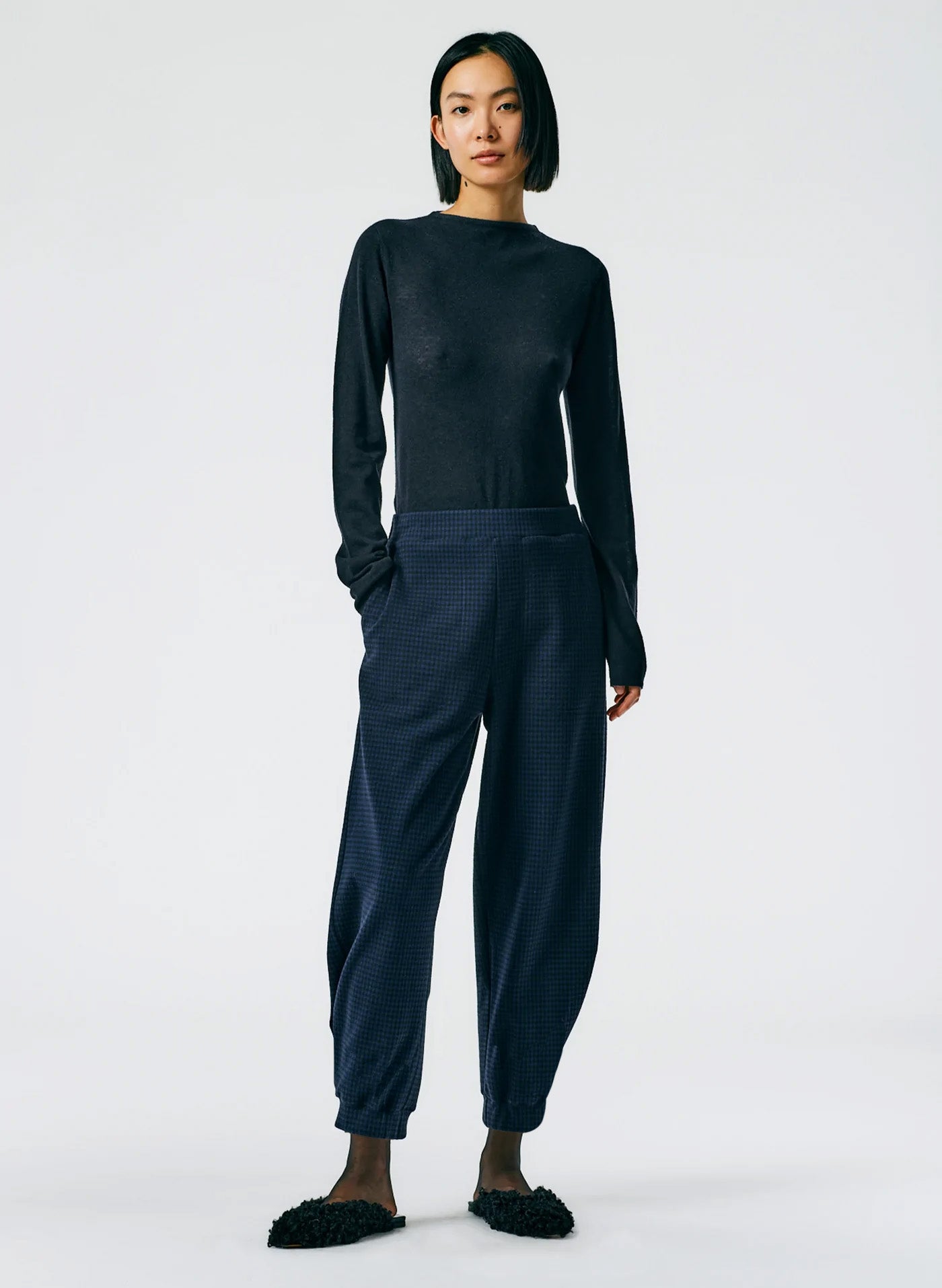 Camille Check Kat Sculpted Pull On Pant - Long - Black/Navy Multi-1