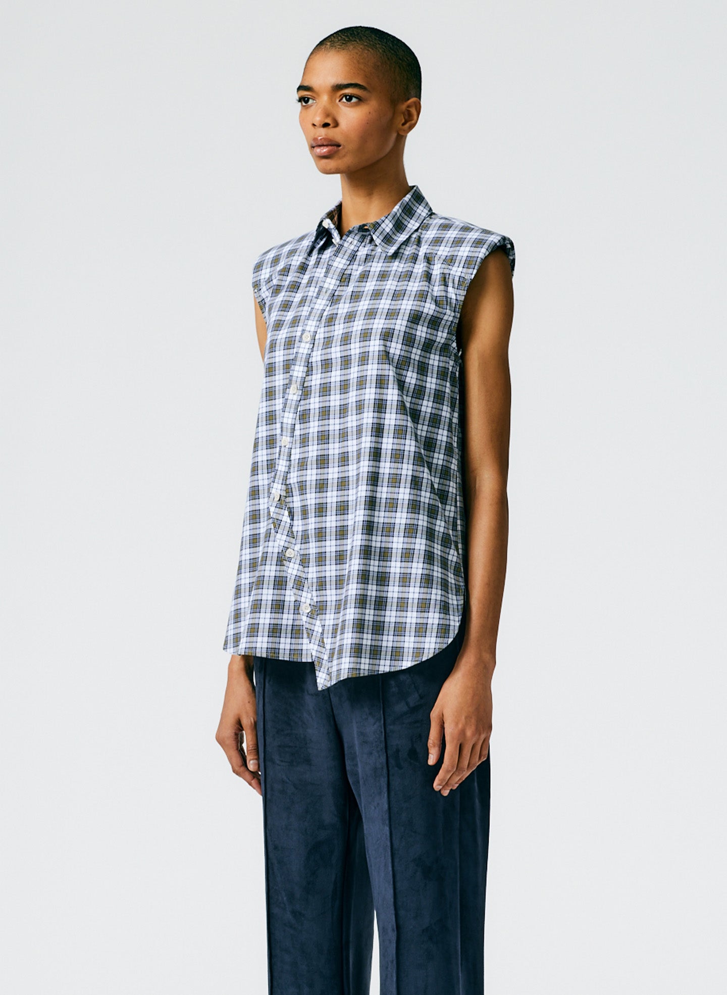Reynolds Plaid Sleeveless Shoulderpad Shirt Tibi Official Reynolds Plaid Sleeveless Shoulderpad Shirt Tibi Official