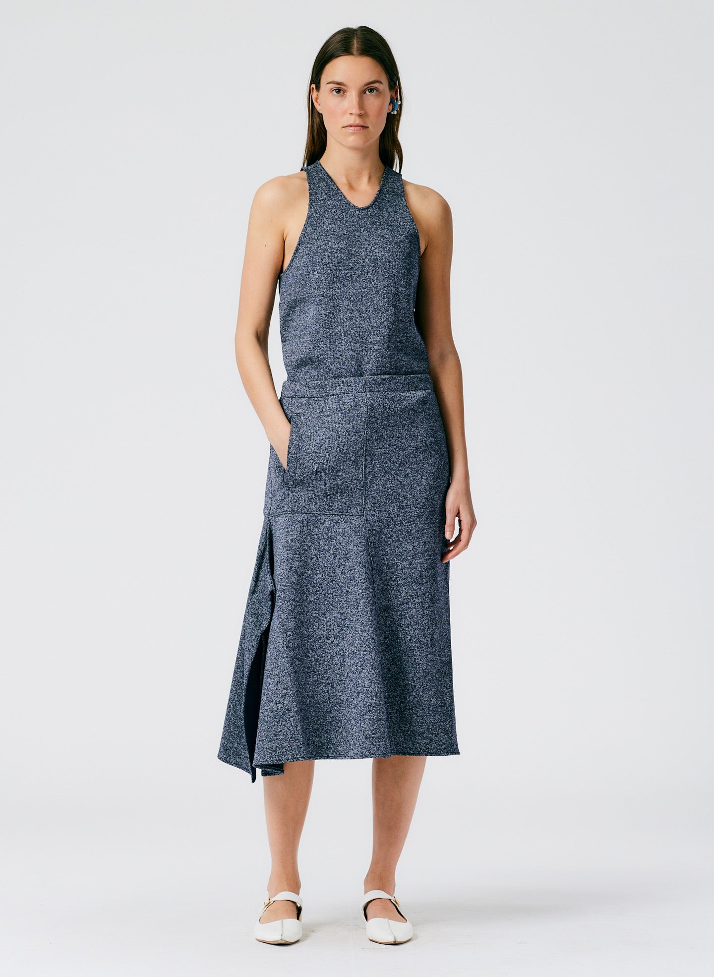 Speckled Knit Asymmetrical Flare Skirt - Navy-05